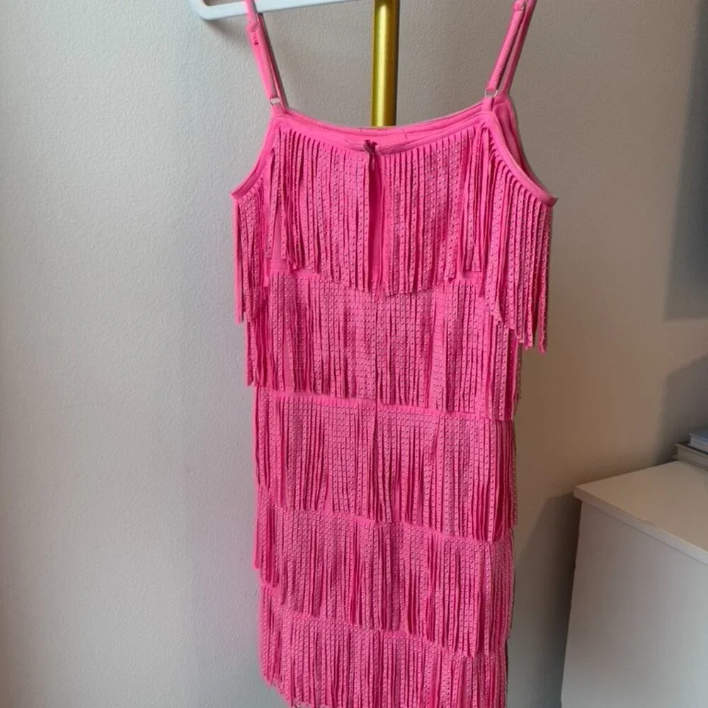 TCEC Hot Pink Fringe Rhinestone Mini Dress Size M - Picture 3 of 4